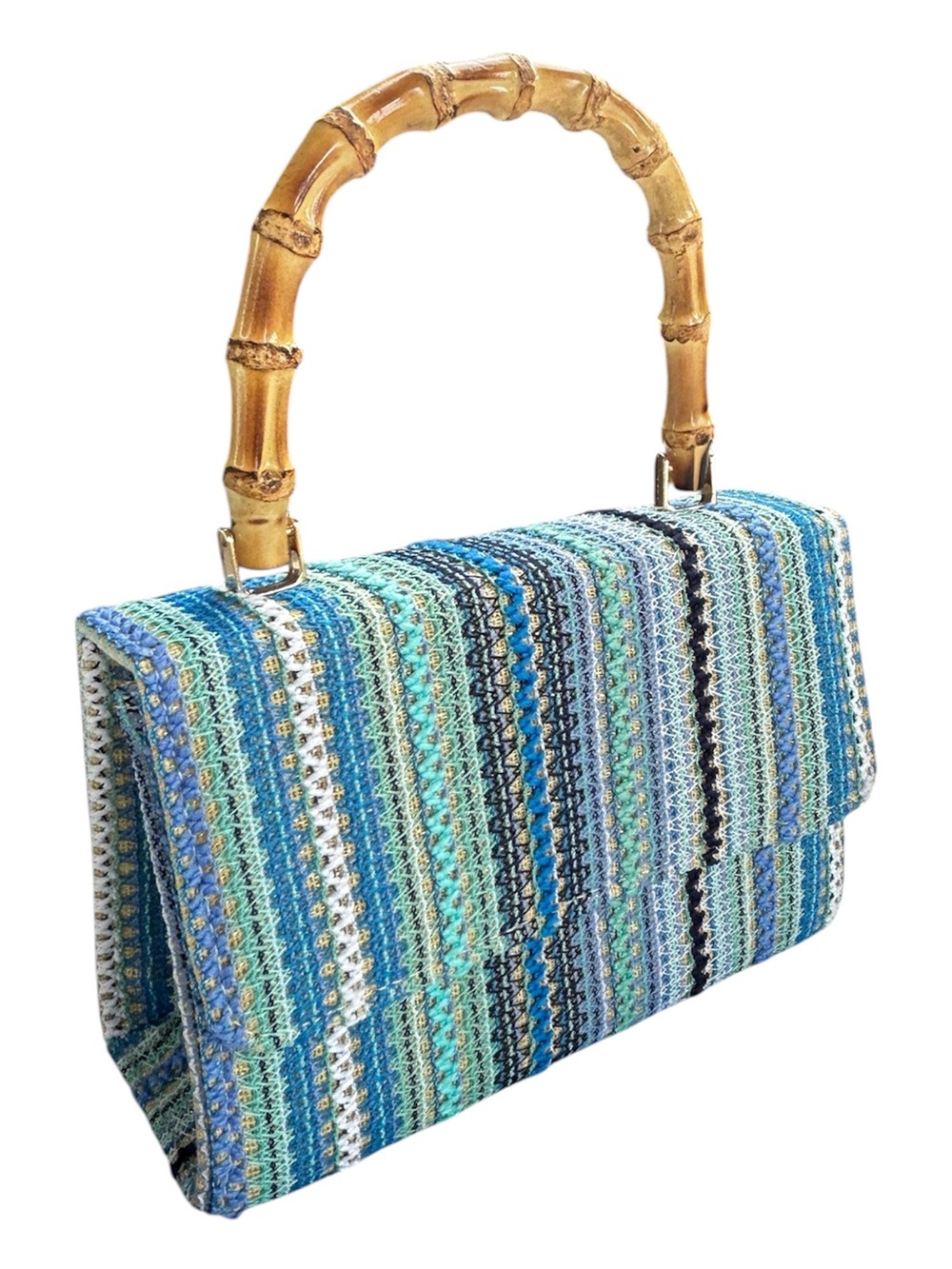 Haute Hippie Multi-Stripe Woven Top-Handle Bag with Bamboo Handle